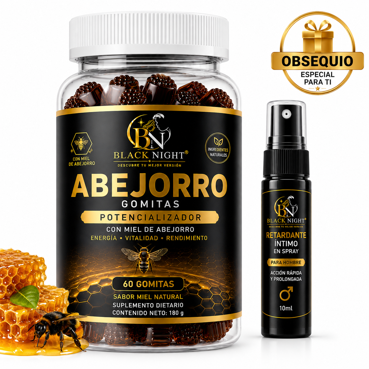 Frasco transparente de gomitas energéticas Abejorro y spray retardante íntimo de diez mililitros con miel sobre fondo blanco.