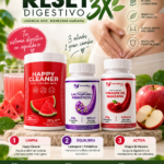 Combo de tres productos para limpieza digestiva que incluye frasco rojo de Happy Cleaner sabor sandía de 250g, cápsulas de Lactospore con probióticos y frasco de vinagre de manzana, sobre superficie de piedra con rodajas de sandía y manzana.
