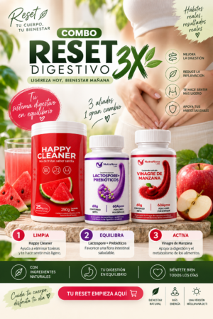 Combo Reset Digestivo Happy Cleaner con probióticos y fibra - Disminuye la inflamación abdominal y alivia la pesadez