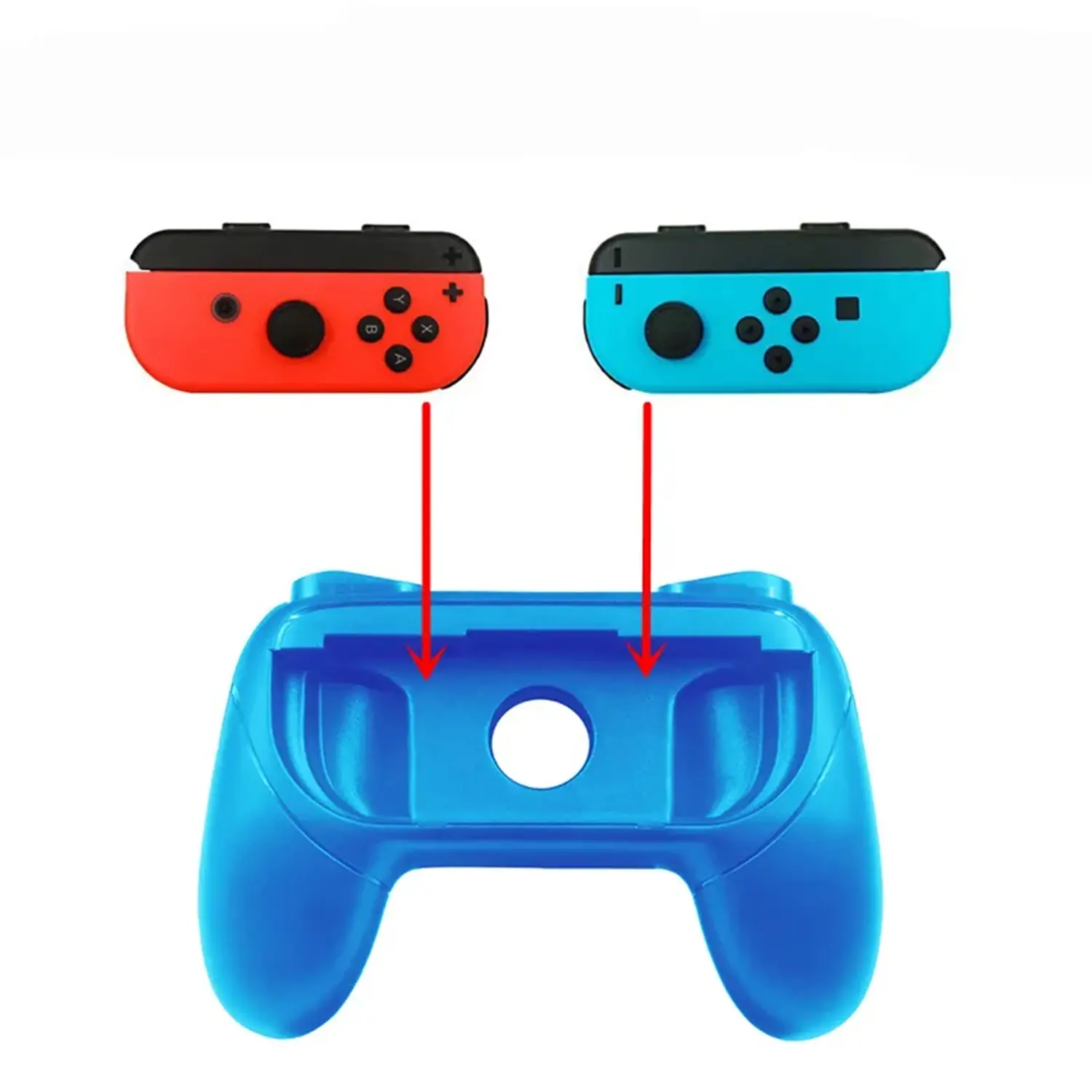 Controlador rojo y control celeste para deslizar en soporte ergonómico azul con dos asas