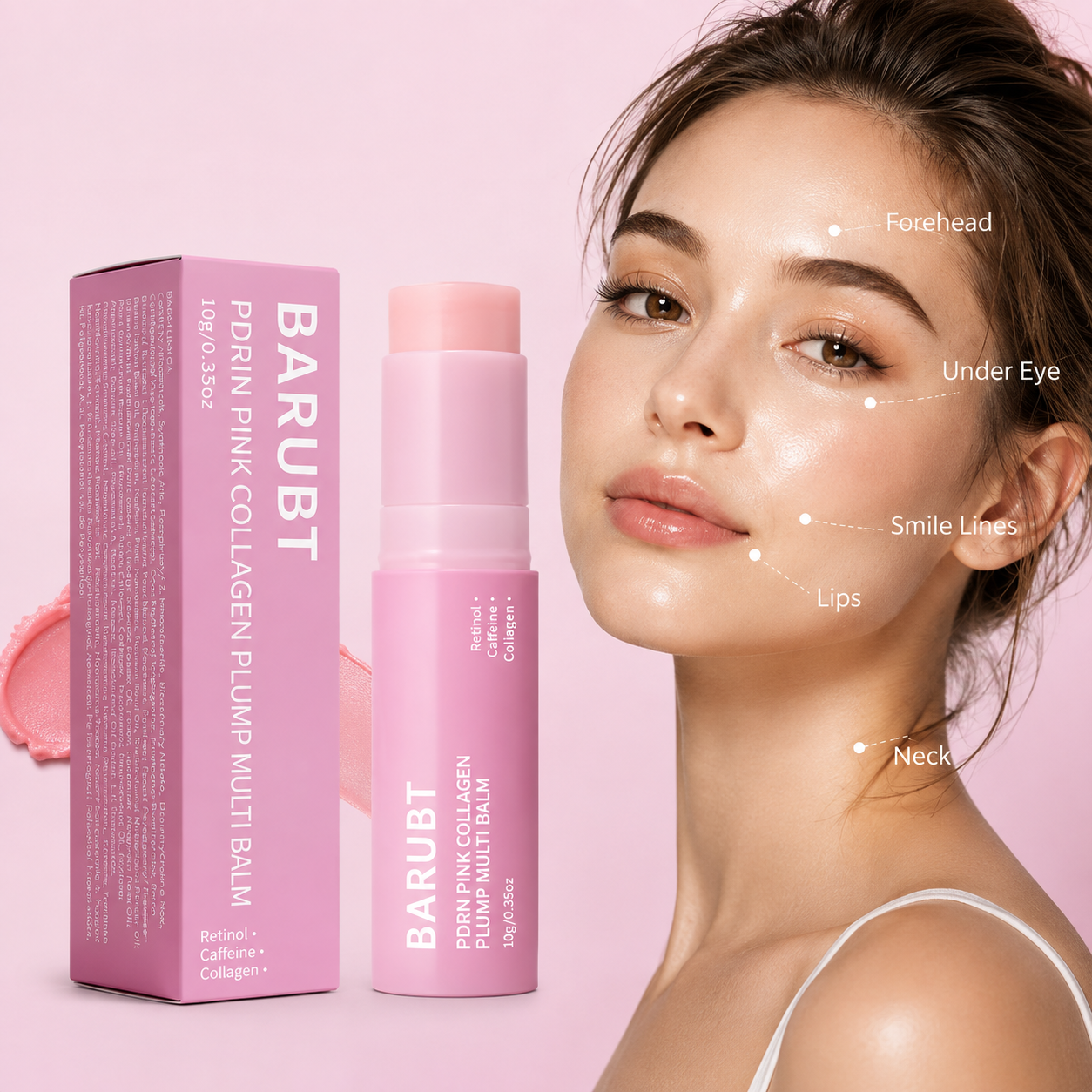 Bálsamo en barra antiedad rosado de 10g junto a su caja, mostrando su aplicación en frente, contorno de ojos, labios y cuello sobre fondo rosa.
