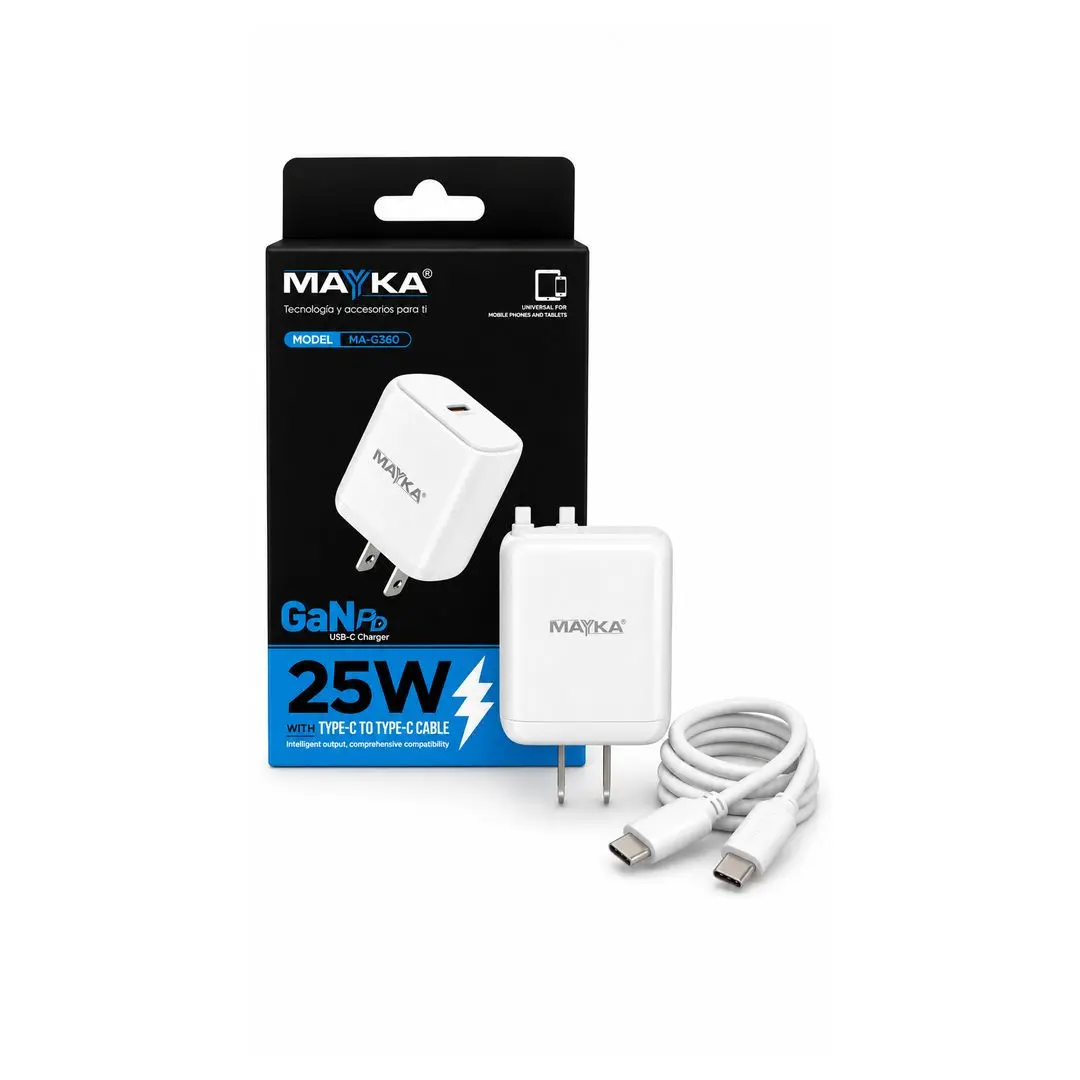 Cargador rápido Mayka GaN 25W blanco modelo MA-G360, incluye caja de empaque y cable USB-C a USB-C.