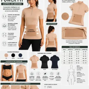 Camiseta moldeadora deportiva beis de cuello alto con cremallera y refuerzo interno en powernet para control abdominal.