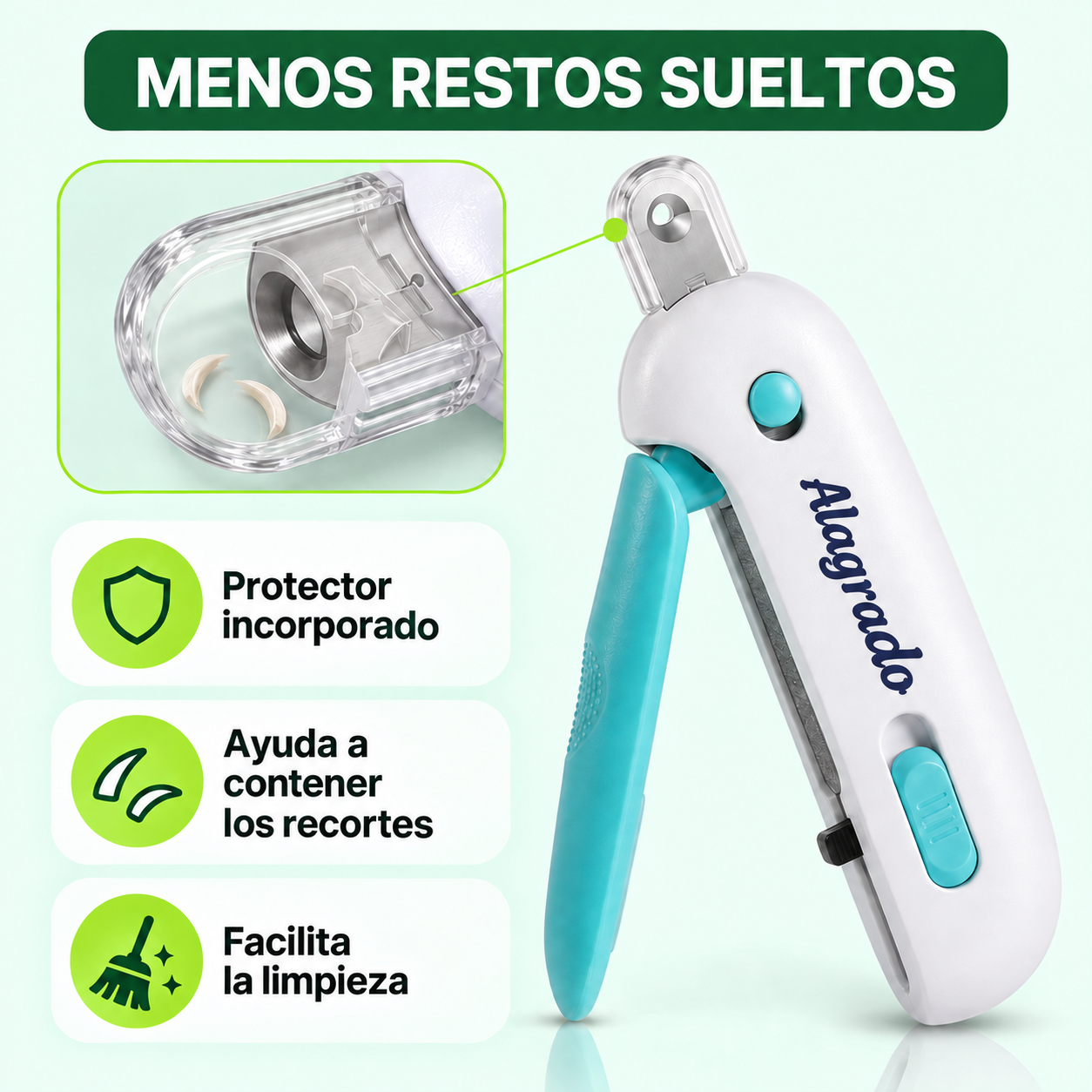 Cortaúñas blanco y turquesa para gatos con protector transparente incorporado para retener recortes y facilitar la limpieza.