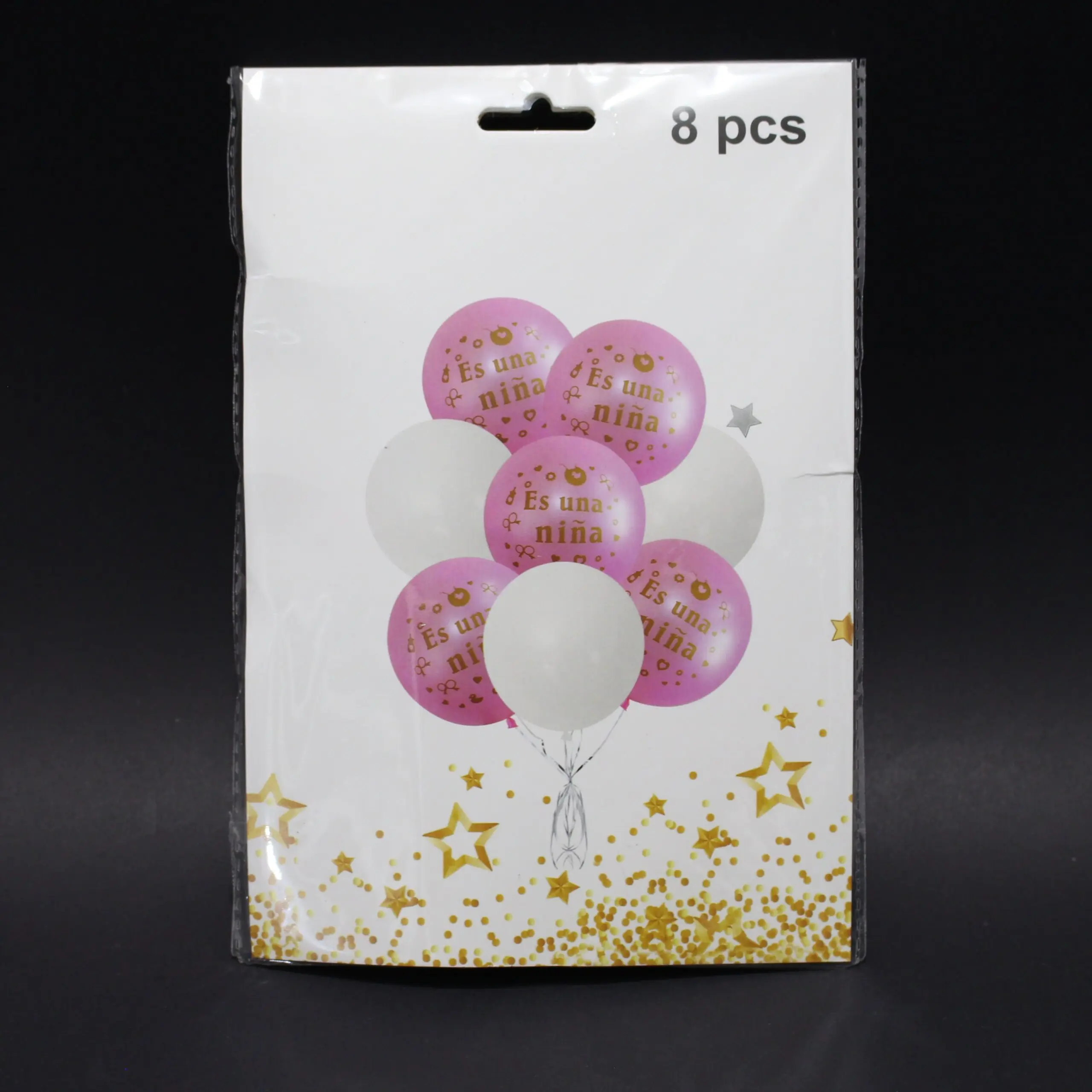 Set de 8 globos para revelación de género con diseño de globos rosas que dicen "Es una niña" y globos blancos con estrellas doradas.