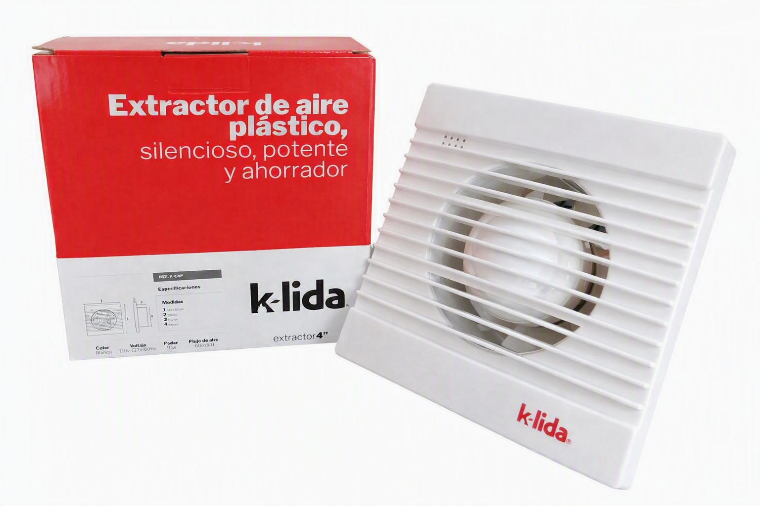 Extractor de aire plástico blanco k-lida de 4 pulgadas junto a su caja roja, diseño cuadrado con rejillas horizontales.