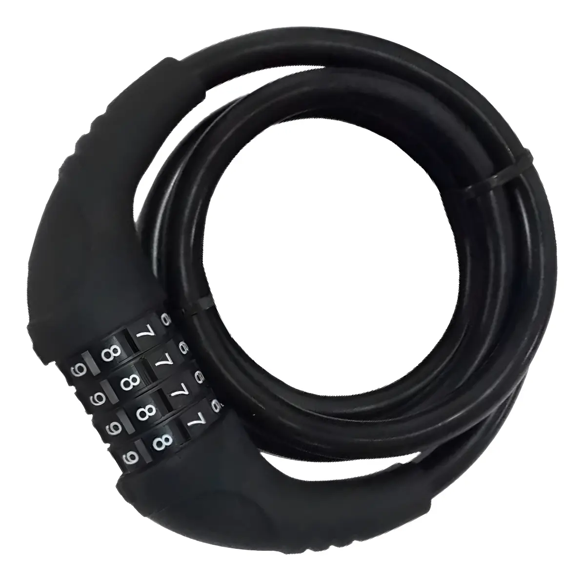 Candado de guaya de acero negro con combinación numérica de cuatro dígitos, enrollado, para asegurar bicicletas o motocicletas.