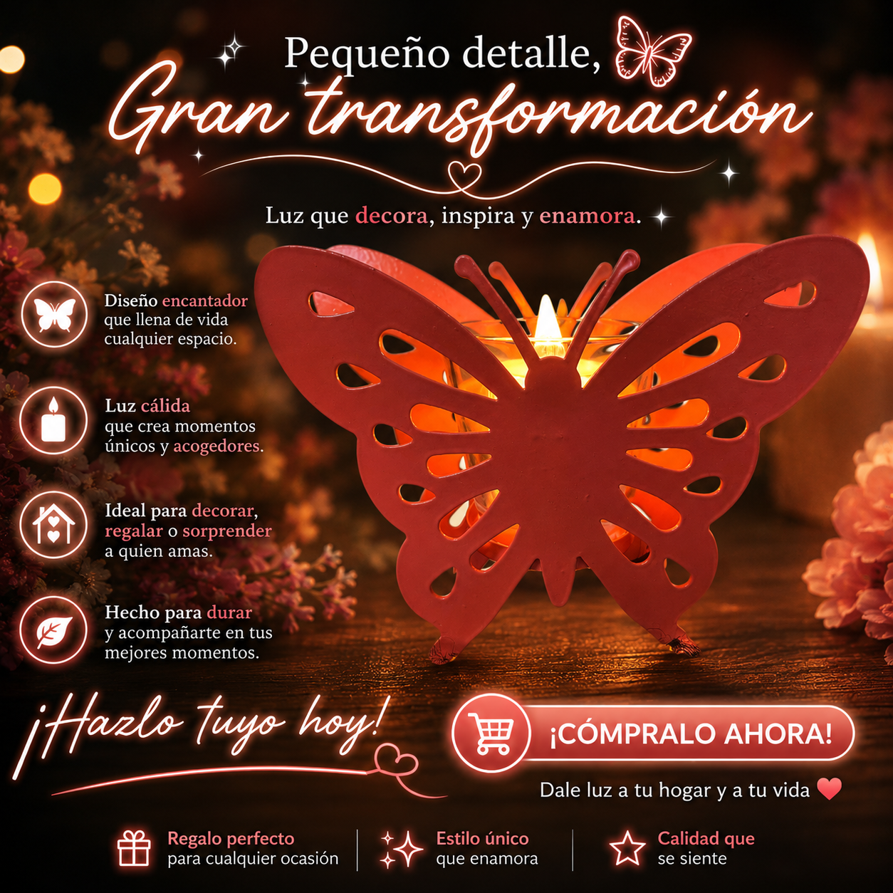 Porta velas de metal rojo con diseño de mariposa troquelada y copa de vidrio, ideal para decoración de interiores y crear ambientes cálidos.