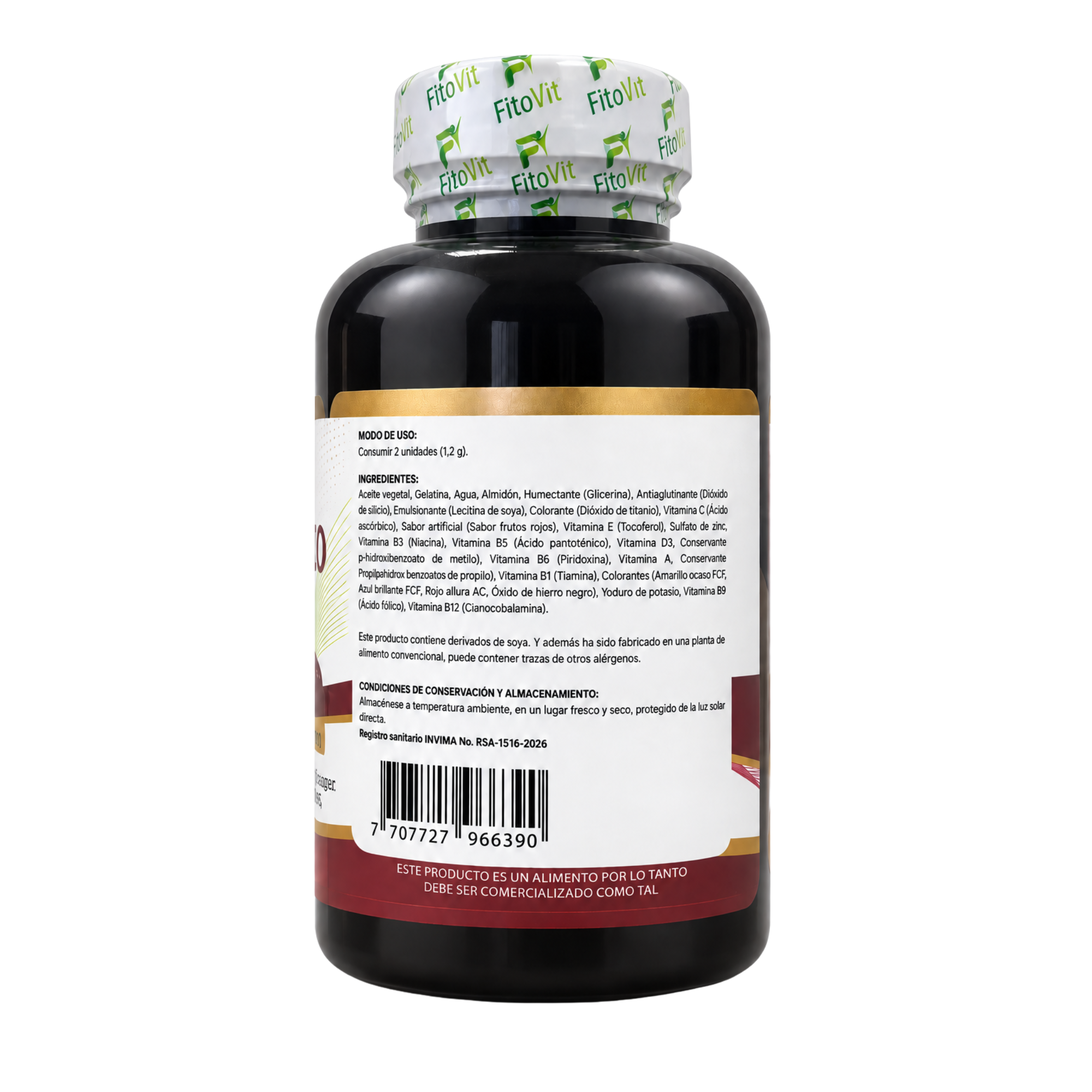 Frasco negro de FitoVit con cápsulas blandas, etiqueta posterior con ingredientes, código de barras y tapa blanca sellada.