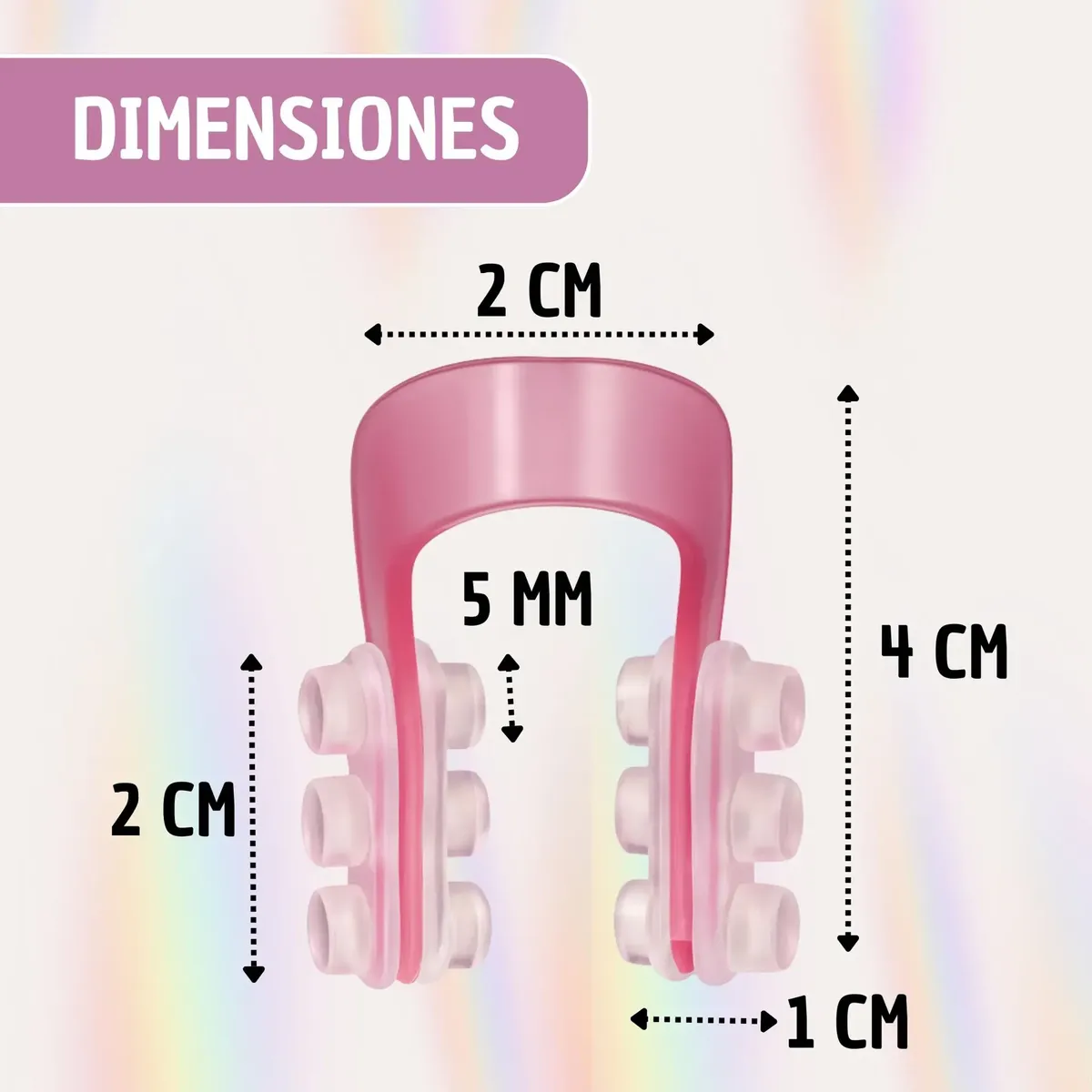 Corrector nasal de silicona rosa con rodillos ajustables, medidas impresas: ancho de 2 cm, altura de 4 cm y largo de rodillos de 2 cm.