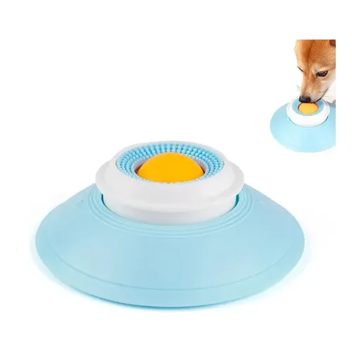 Comedero interactivo lento para perros y gatos en color celeste y blanco con centro amarillo texturizado y base antideslizante ancha.