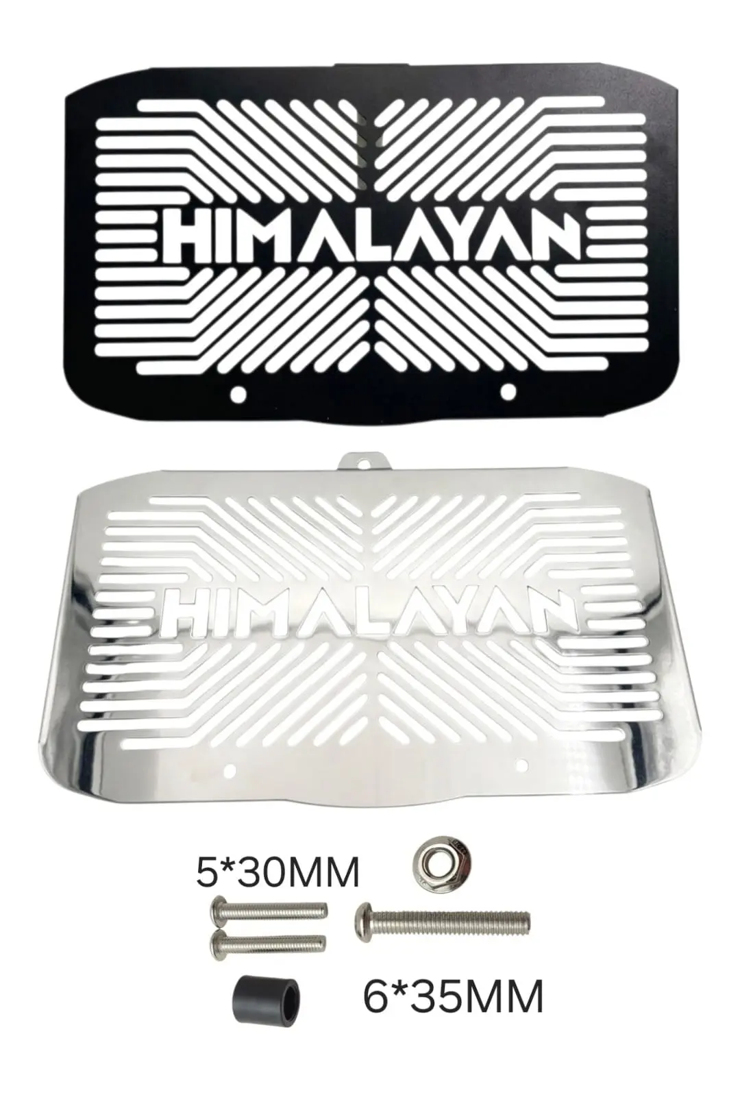 Protectores de radiador Himalayan en negro y acero inoxidable con kit de tornillos de 5*30mm, uno largo, arandela y espaciador de 6*35mm.