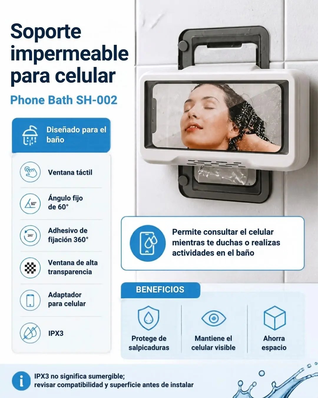 Set x2 Soporte impermeable para celular en la ducha con adhesivo de pared - Protege tu dispositivo contra salpicaduras mientras disfrutas contenido multimedia - Imagen 2