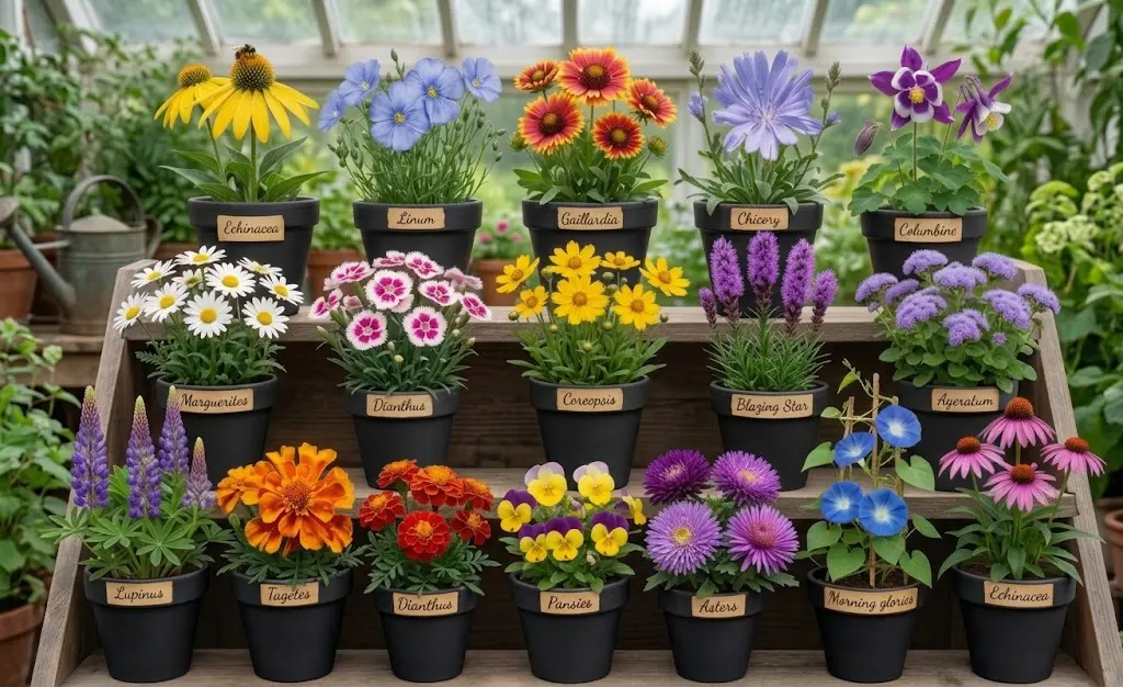 Dieciséis materas negras con flores silvestres de múltiples colores y formas en estantería de madera dentro de un invernadero.