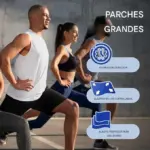 Hombres y mujeres haciendo ejercicios de estiramiento al aire libre mientras usan parches adhesivos grandes en formato visible con duración de ocho horas continuas