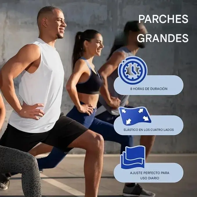 Hombres y mujeres haciendo ejercicios de estiramiento al aire libre mientras usan parches adhesivos grandes en formato visible con duración de ocho horas continuas
