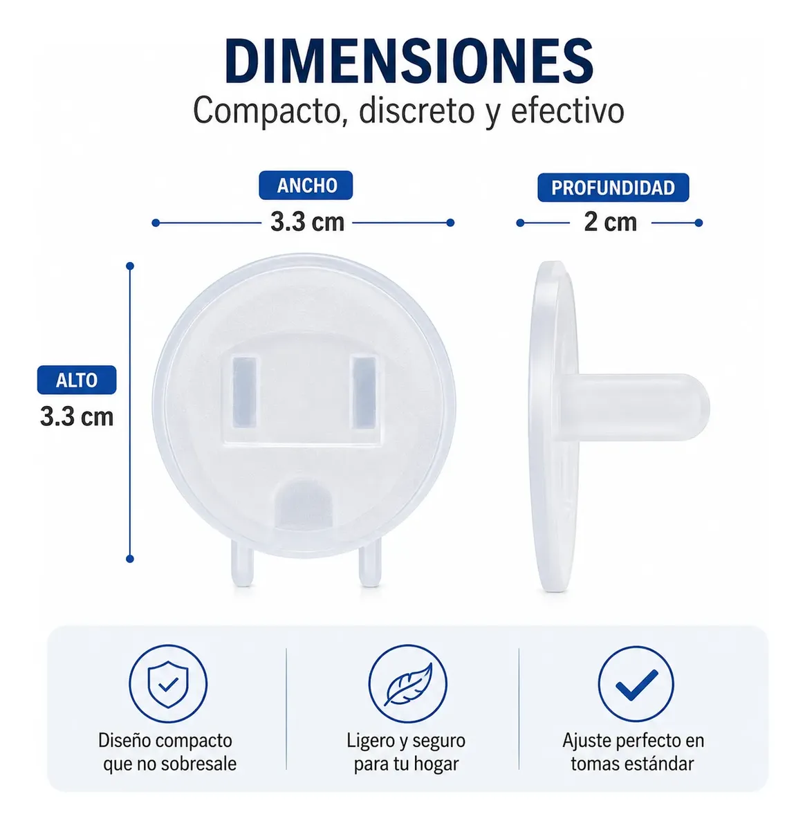 Protector de enchufe transparente en vista frontal y lateral. Mide 3.3 cm de alto por 3.3 cm de ancho y 2 cm de profundidad, con diseño compacto y seguro.
