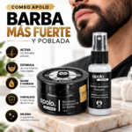 Set x2 de bálsamo estimulante y dermo activador folicular en frascos oscuros sobre superficie de mármol con hombre barbado al fondo.
