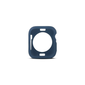 Funda protectora azul oscuro de silicona flexible para Apple Watch, con aberturas para botones y corona, vista frontal sobre fondo negro.