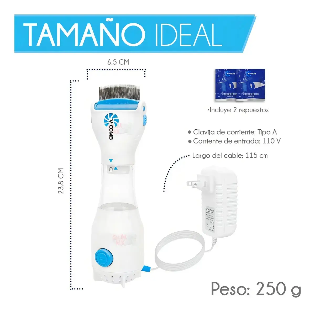 Cepillo eléctrico anti piojos blanco y azul de 23.8 cm con filtro aspirador, fuente de alimentación y dos repuestos incluidos.