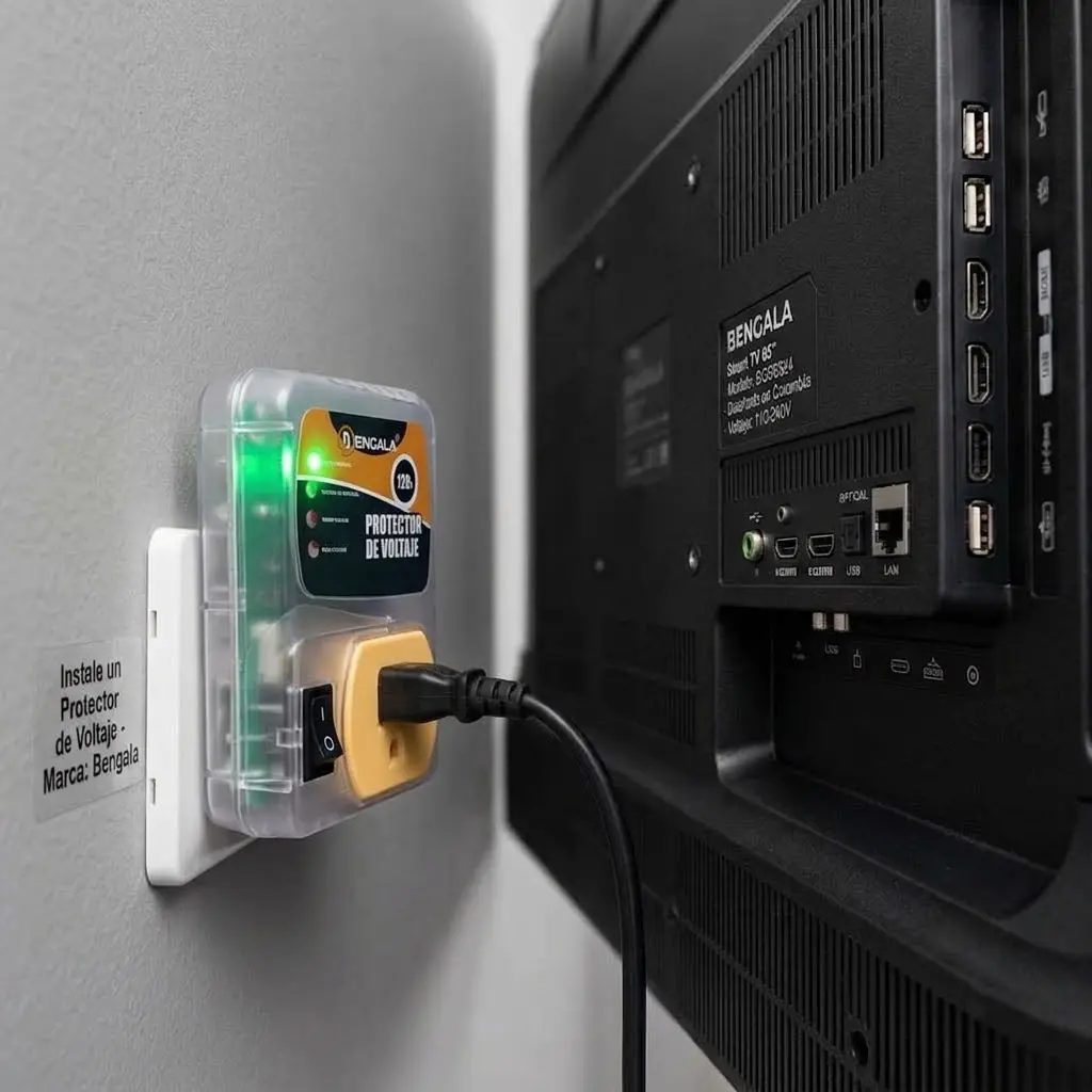 Protector de voltaje Bengala transparente con luz verde, conectado a un televisor negro para prevenir daños por sobretensiones eléctricas.