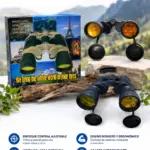 Binoculares A603-275 con enfoque central, cuerpo negro texturizado y lentes amarillos, presentados junto a su caja, tapas protectoras y fondo natural.