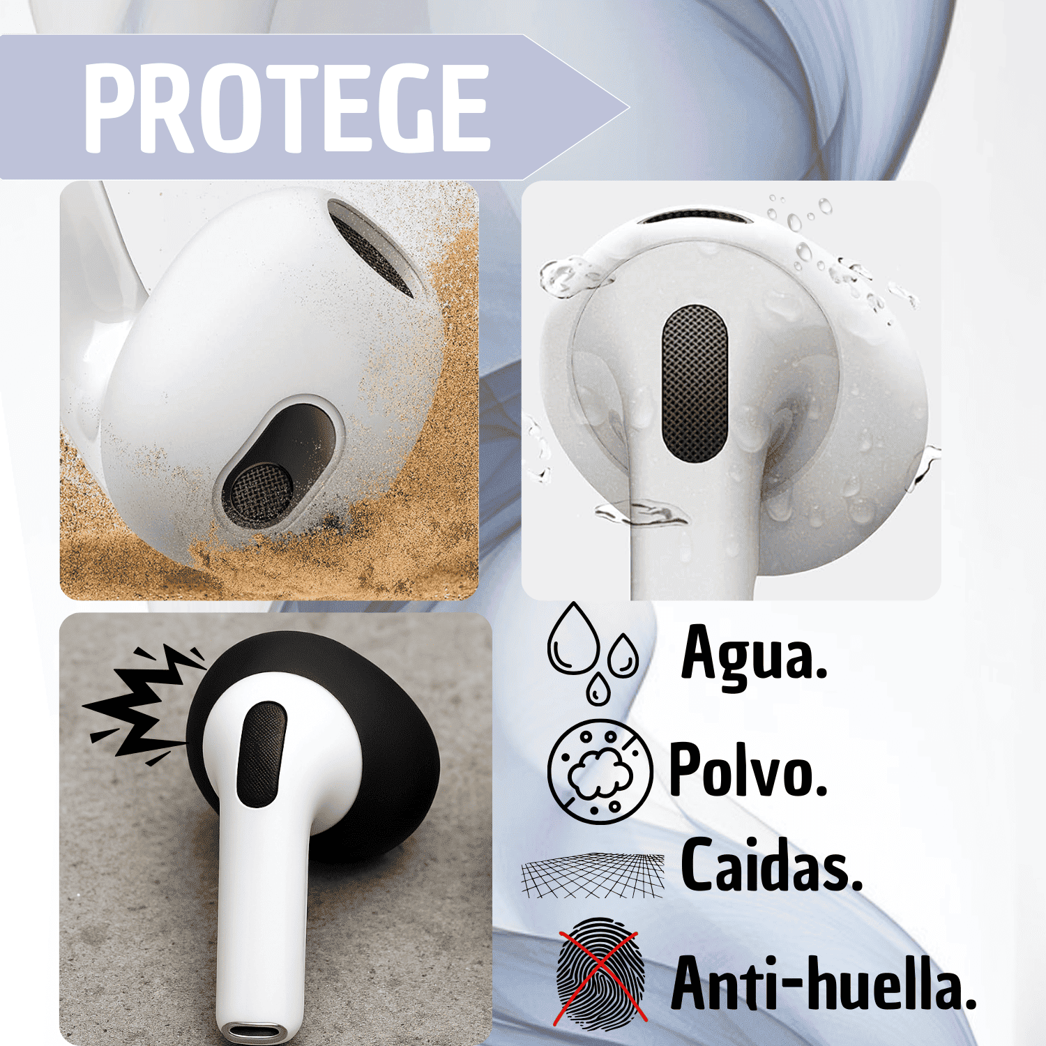 Funda de silicona rosada para AirPods que protege contra agua, polvo, caídas y huellas, mostrando el estuche en entornos de arena y agua.