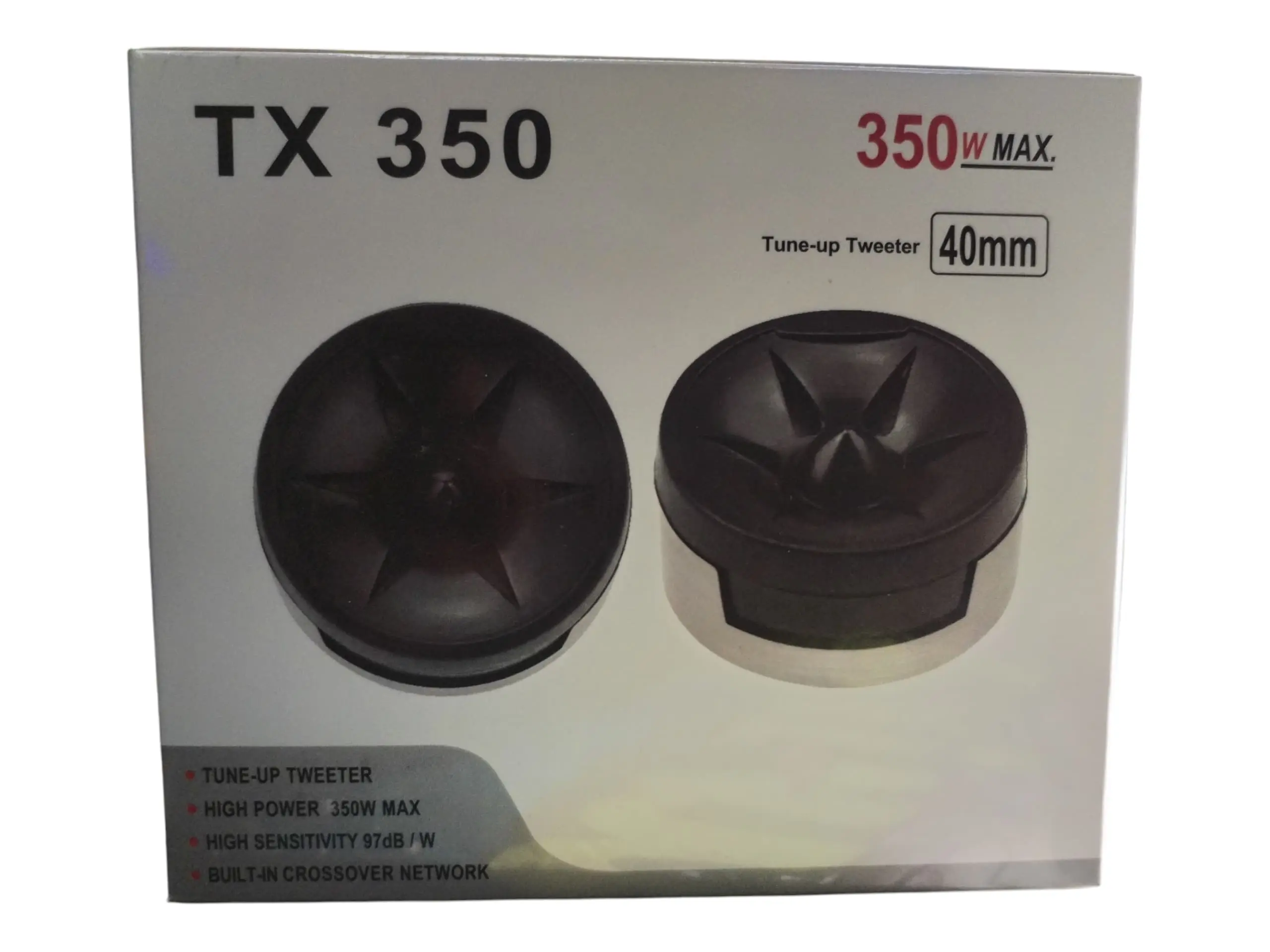 Caja de un par de tweeters para carro TX 350 de 40mm, color negro con base metálica, potencia de 350W, alta sensibilidad y crossover integrado.