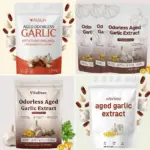 Cuatro presentaciones de extracto de ajo sin olor en bolsas resellables, con cápsulas blandas, bulbos de ajo y detalles de beneficios cardiovasculares.