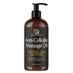 Envase cilíndrico de 240 ml de aceite corporal anticelulitis M3 Naturals con dispensador de bomba, etiqueta negra con letras blancas y detalles dorados.