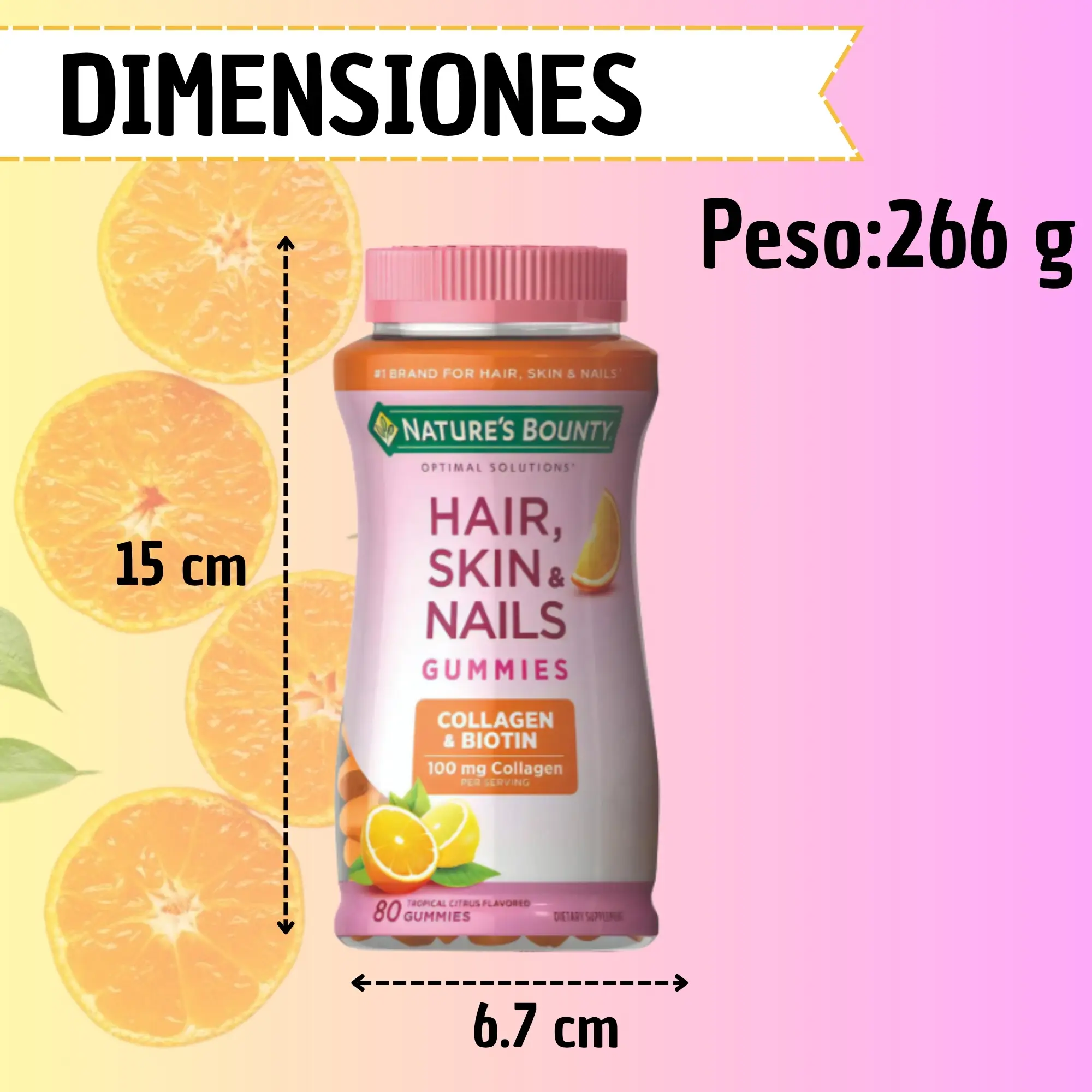 Gomitas Nature's Bounty para cabello, piel y uñas, sabor cítrico tropical, envase de 266 gramos, 15 cm de alto y 6.7 cm de ancho