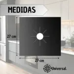 Protector de estufa cuadrado negro de 27 x 27 cm con diseño para quemador central. Modelo universal para facilitar la limpieza de la cocina.