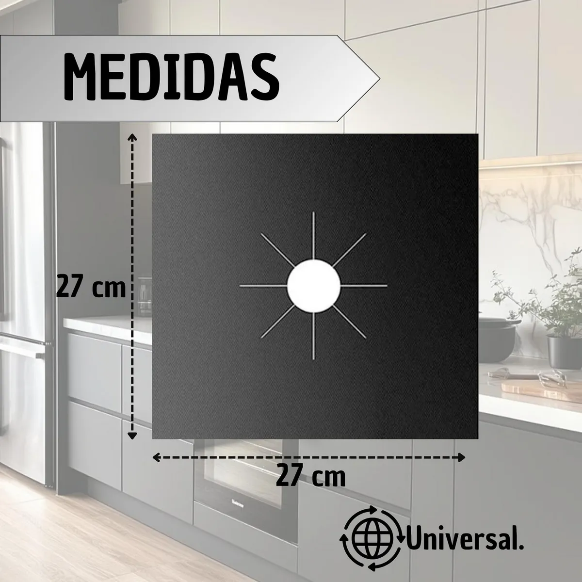 Protector de estufa cuadrado negro de 27 x 27 cm con diseño para quemador central. Modelo universal para facilitar la limpieza de la cocina.