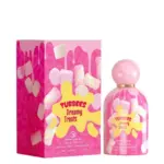 Perfume Tubbees Dreamy Treats Grandeur 50 ml, botella y caja rosa decoradas con malvaviscos y manchas amarillas, spray atomizador natural.