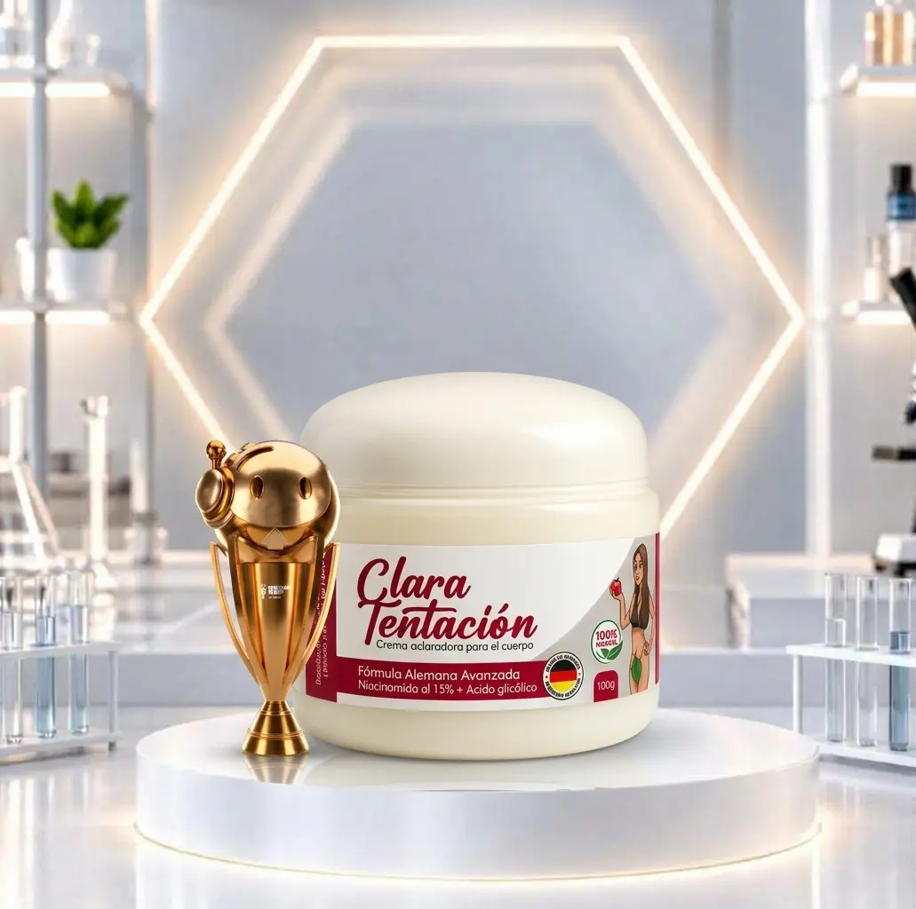 Crema corporal Clara Tentación en tarro blanco con etiqueta roja y dorada, junto a un trofeo dorado sobre base blanca en laboratorio.