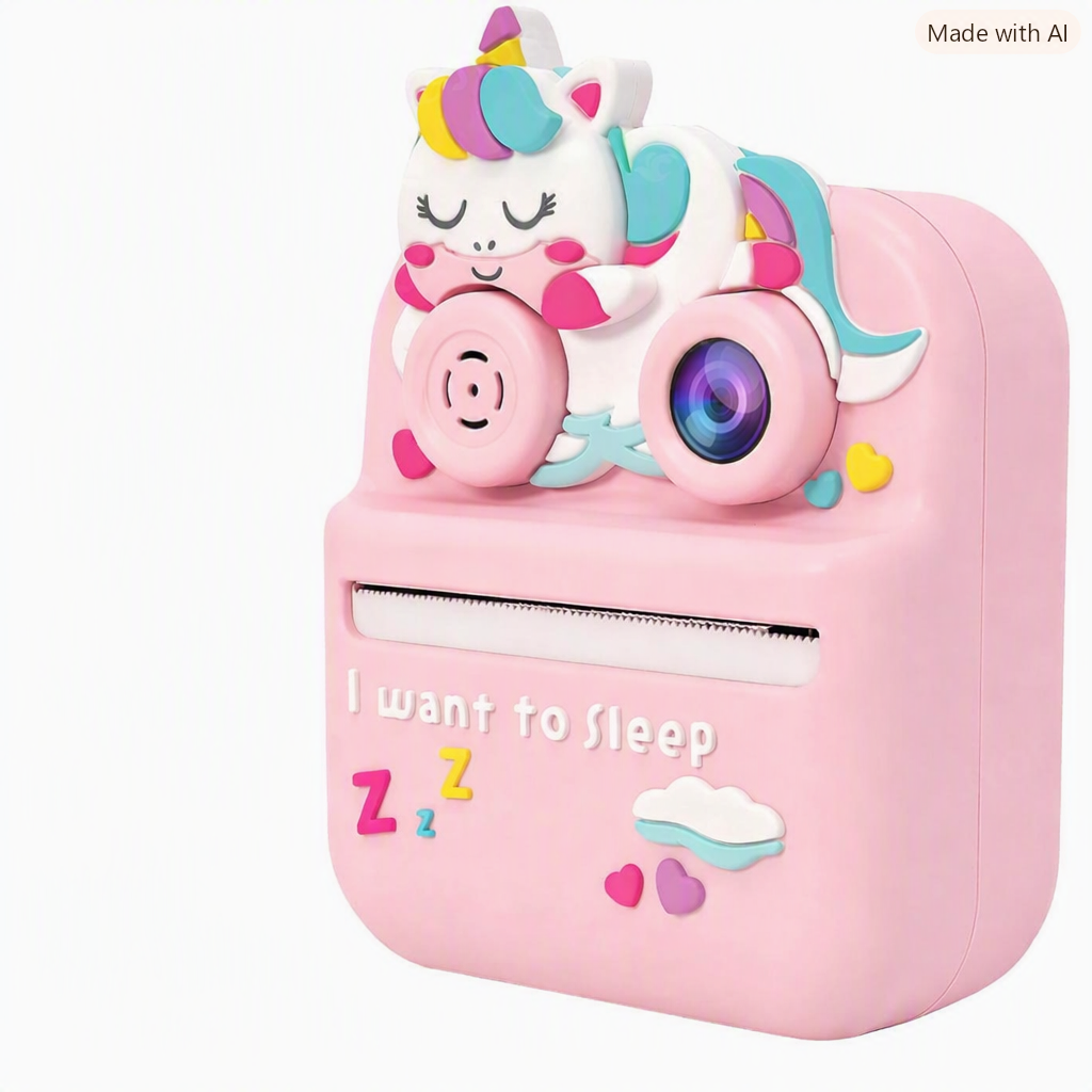 Cámara infantil rosa con diseño de unicornio colorido, ranura de impresión instantánea y detalles decorativos de nubes y corazones.