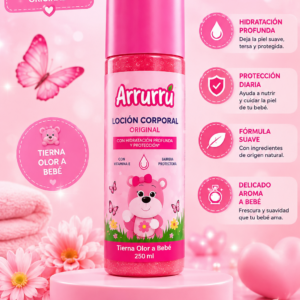 Loción corporal para bebé Arrurrú de 250 ml, envase rosa con diseño de osito, flores y mariposas sobre un pedestal en fondo rosado decorativo.