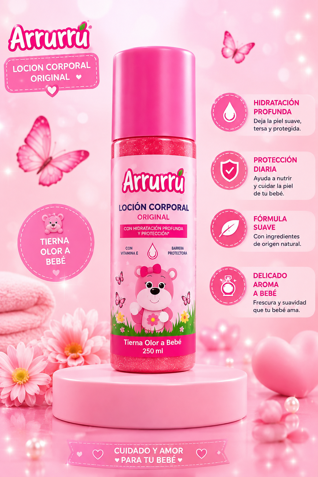 Loción corporal para bebé Arrurrú de 250 ml, envase rosa con diseño de osito, flores y mariposas sobre un pedestal en fondo rosado decorativo.