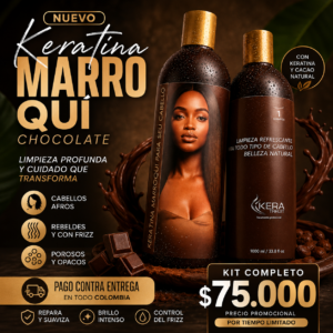 Kit de keratina marroquí con chocolate de 1000 ml que incluye dos botellas oscuras, una con rostro de mujer, sobre base de cacao.
