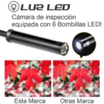 Cámara endoscópica negra con punta metálica roscada y seis luces LED alrededor del lente, acompañada de una comparativa visual de nitidez en hojas rojas
