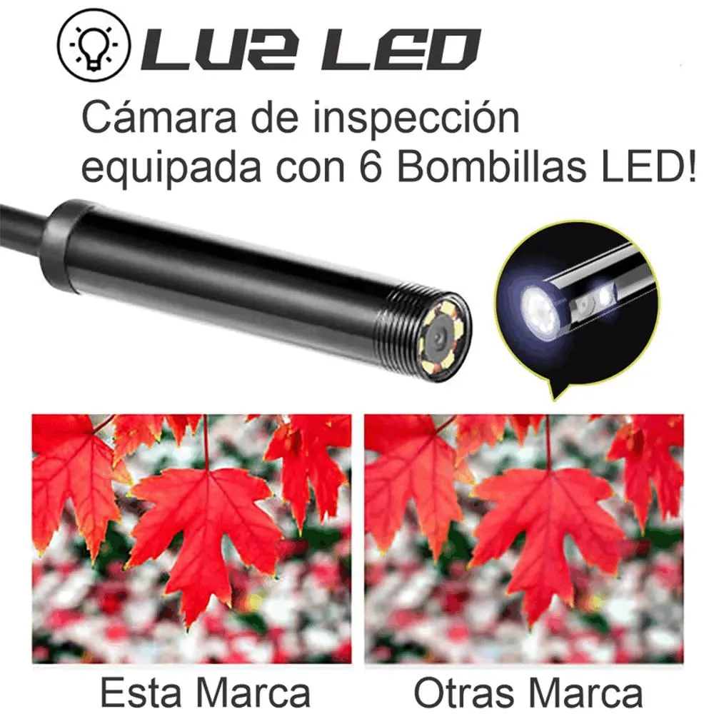 Cámara endoscópica negra con punta metálica roscada y seis luces LED alrededor del lente, acompañada de una comparativa visual de nitidez en hojas rojas