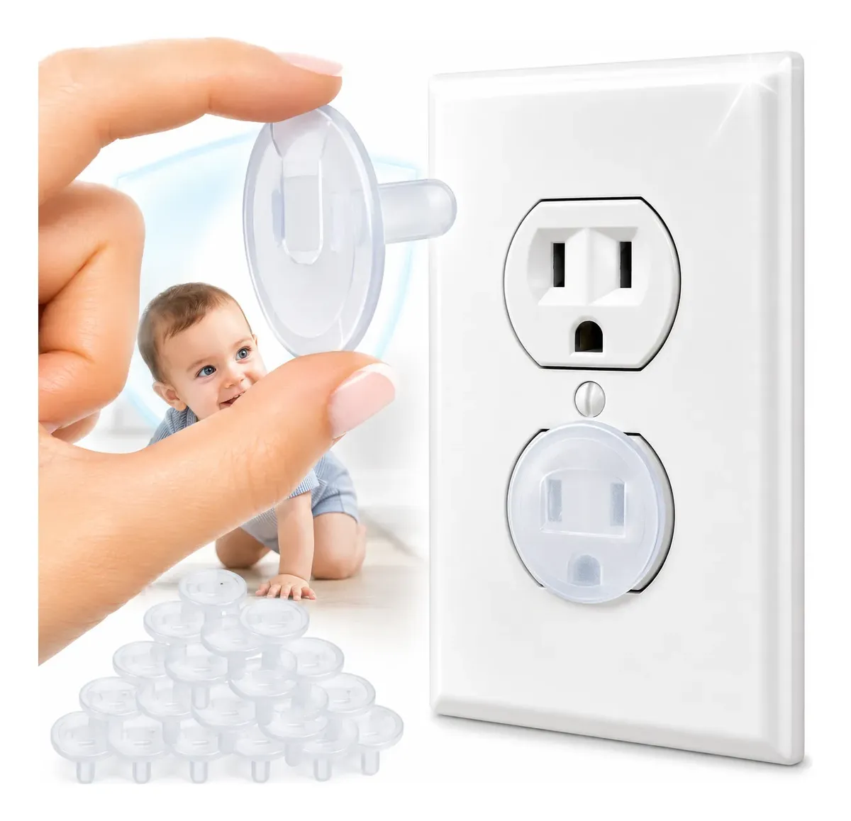 Set de 10 protectores de enchufe transparentes de plástico, mostrados en uso sobre una toma de pared blanca junto a un bebé y una pila de unidades.
