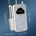 Torno eléctrico portátil para manicura y pedicura profesional, color blanco decorado con cristales brillantes, pantalla LED en forma de nube que muestra F45, con pieza de mano metálica. Medidas de la unidad principal: 14.3 x 7.2 cm y pieza de mano de 13.1 cm.