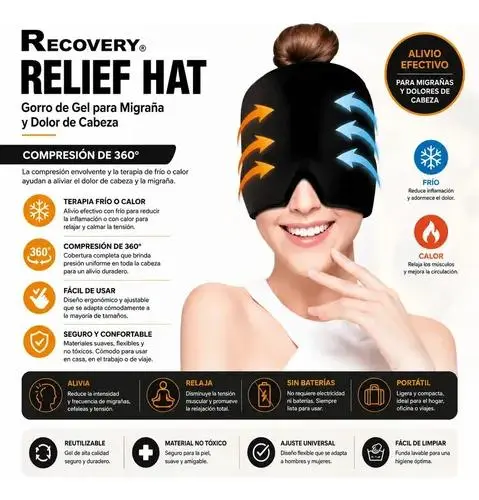 Gorro de gel negro para migraña con compresión de 360 grados, ideal para terapia de frío o calor y alivio de tensión.