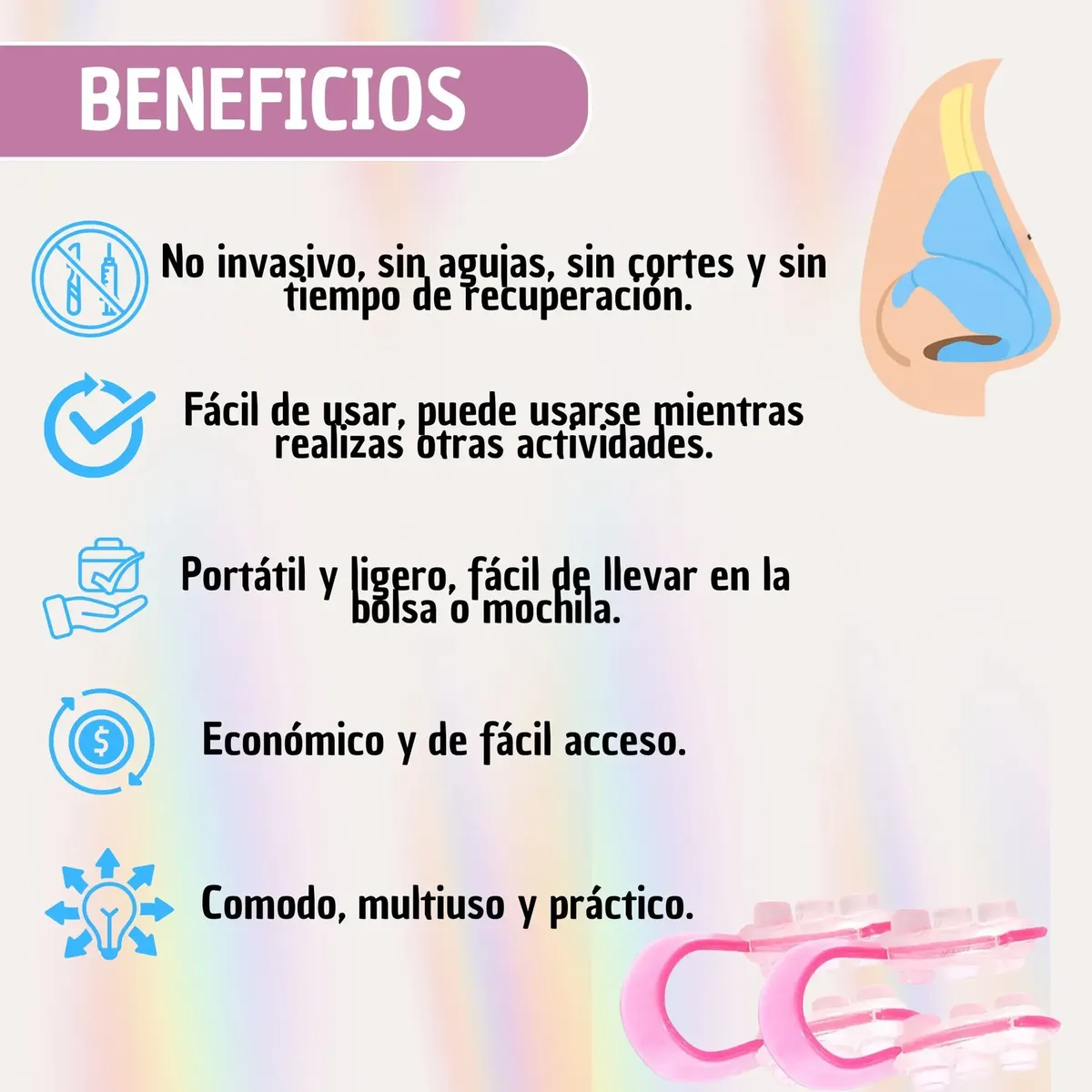 Moldeador y corrector nasal rosado con pinzas plásticas ajustables, diseño ergonómico para uso diario, portátil, no invasivo y sin dolor.