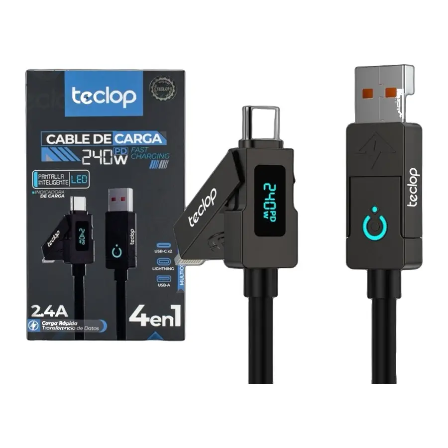 Cable de carga 4 en 1 negro con conectores versátiles pantalla LED digital y estuche con empaque de cartón de la marca Teclop