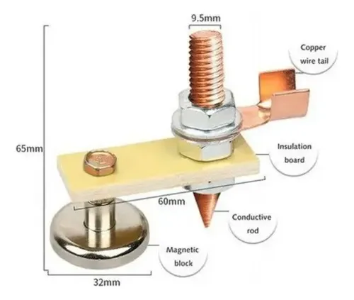 Soporte magnético de soldadura de 65x32 mm con base imantada, varilla conductora en punta, perno roscado de 9.5 mm y lengüeta de cobre.