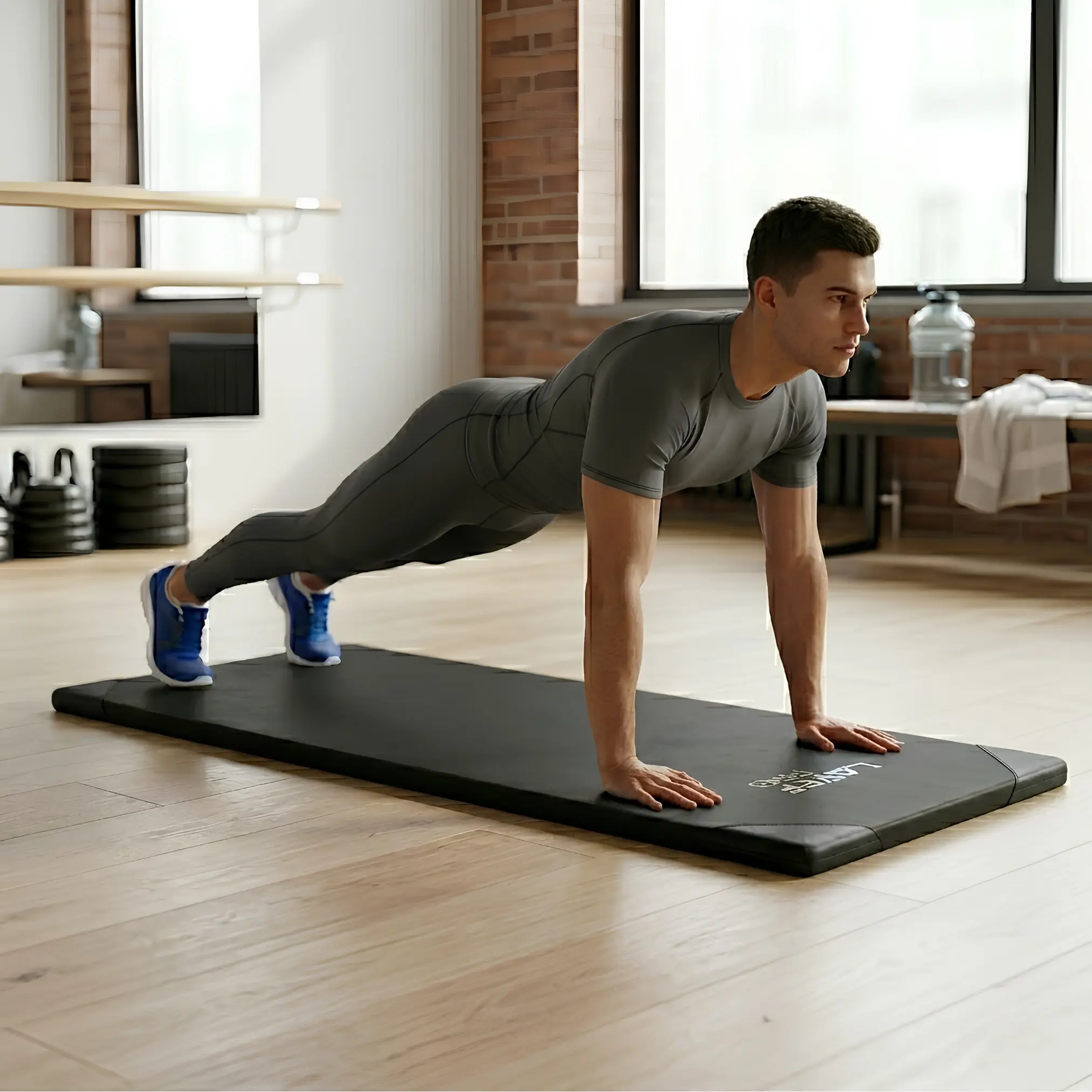 Colchoneta deportiva negra de alta densidad sobre piso de madera; un hombre hace plancha abdominal en el gimnasio.
