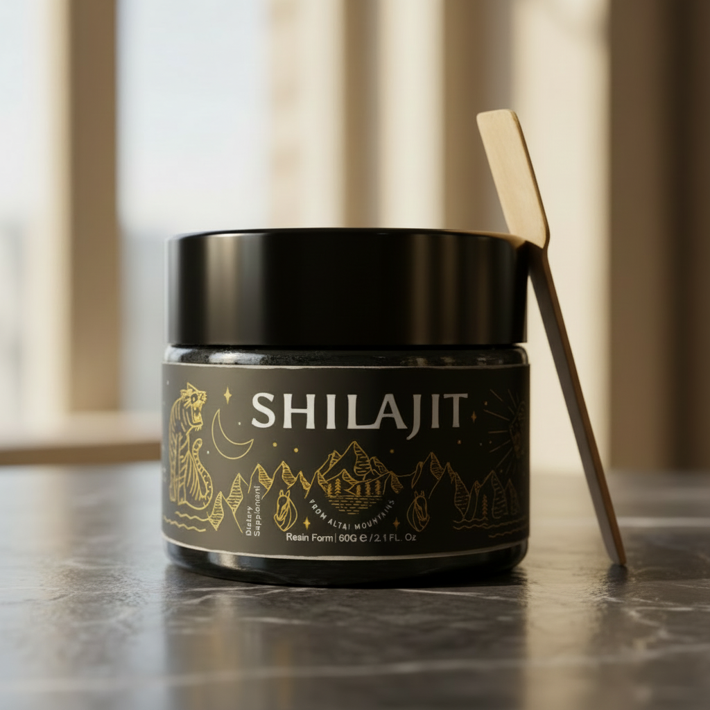 Tarro de vidrio negro con etiqueta dorada de shilajit de 60 gramos, acompañado de una espátula de madera sobre superficie oscura.