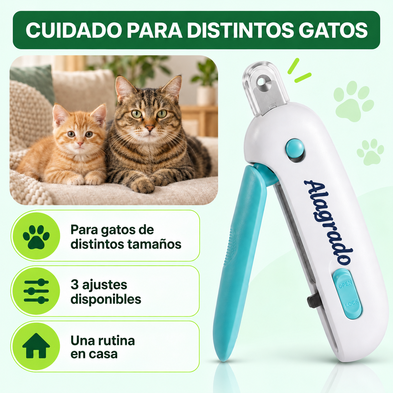 Cortauñas para gatos blanco y turquesa con apertura ajustable y protector superior, ideal para uso en casa y mascotas de diferentes tamaños.